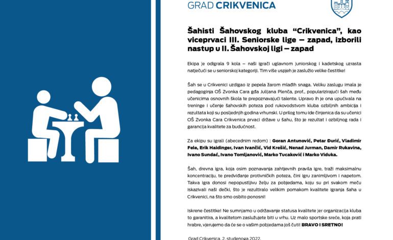 Šahisti ŠK “Crikvenica” viceprvaci III. Seniorske lige